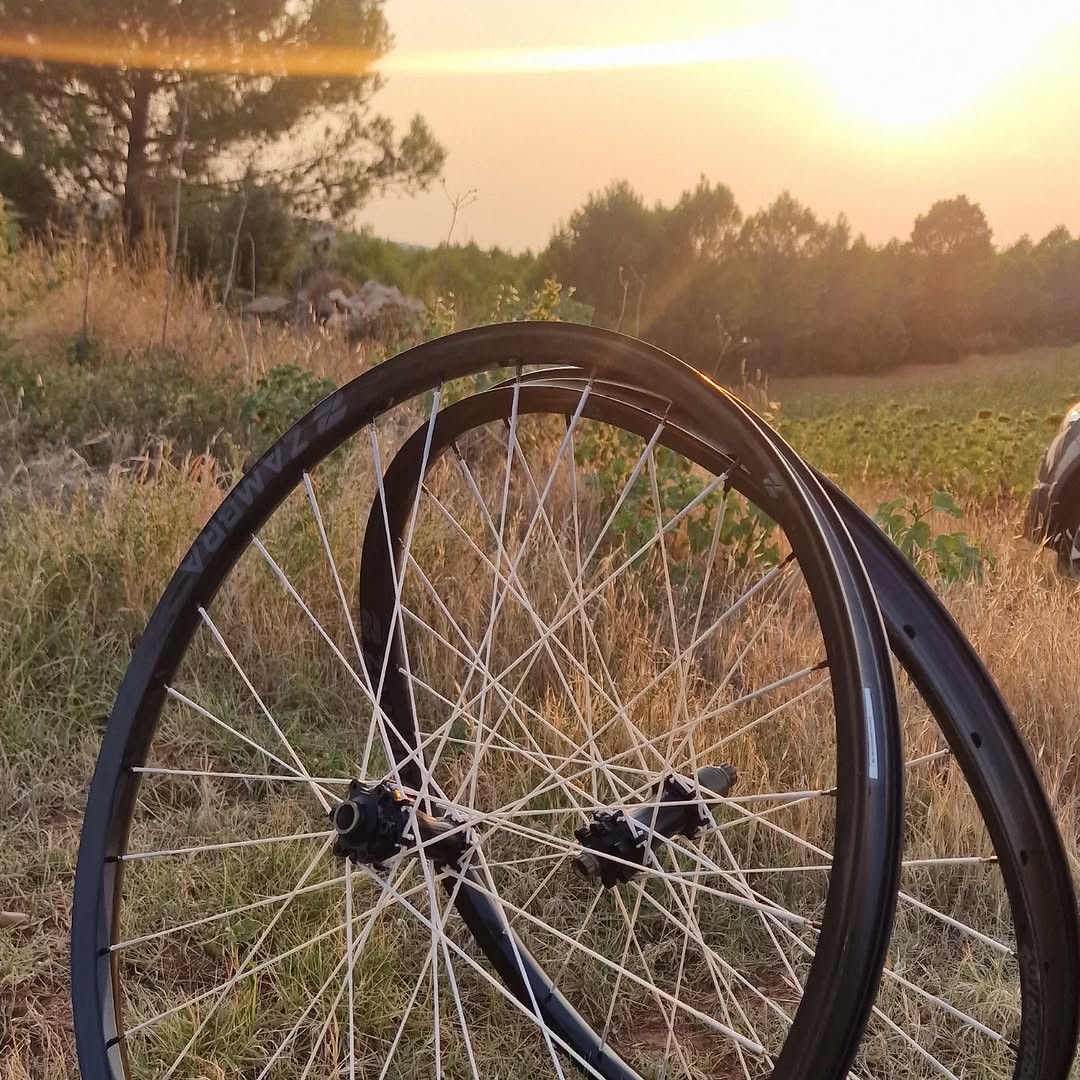 Par de ruedas montadas a mano al atardecer en el campo